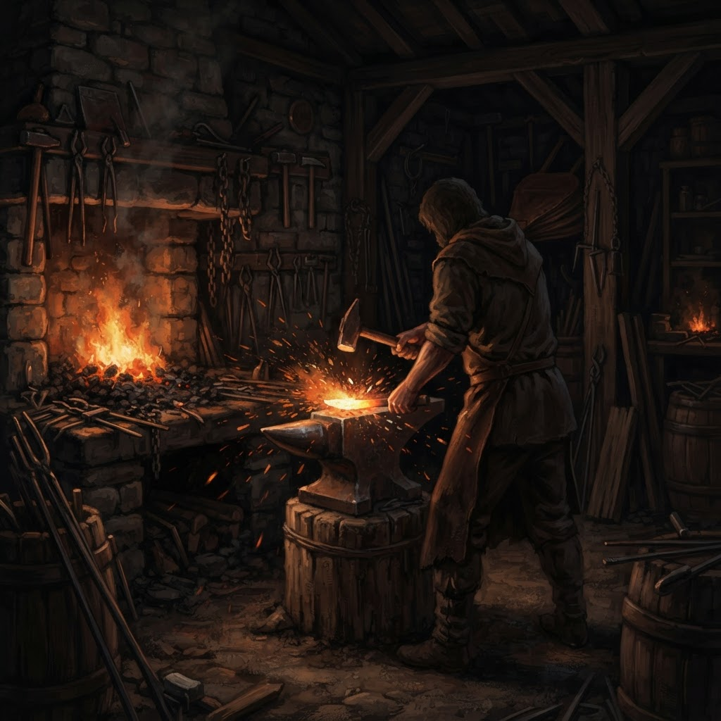 Uma forja medieval com brasas incandescentes, bigorna e faíscas voando